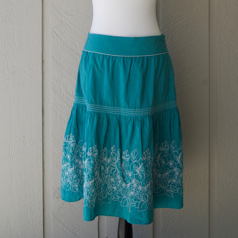 Elle A-Line Skirt - Blue with White Embroidery